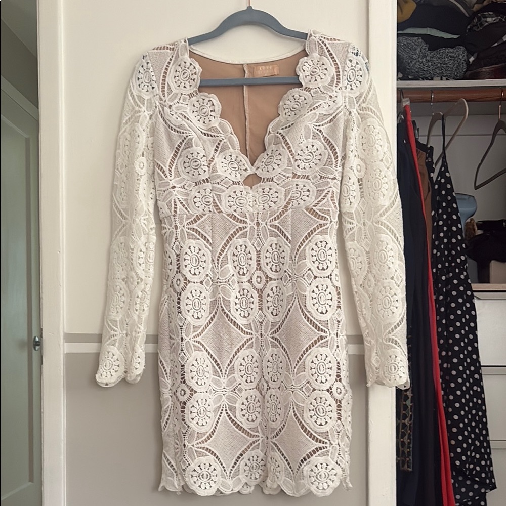 White Lace Long-Sleeve Mini Dress